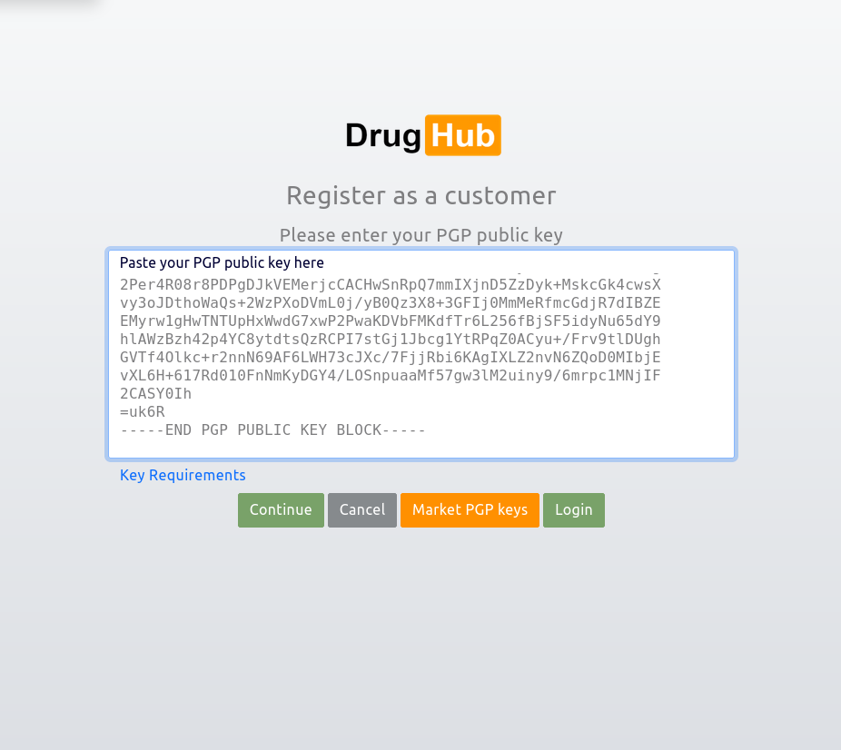 Drughub Market PGP key registration for secure darknet marketplace access