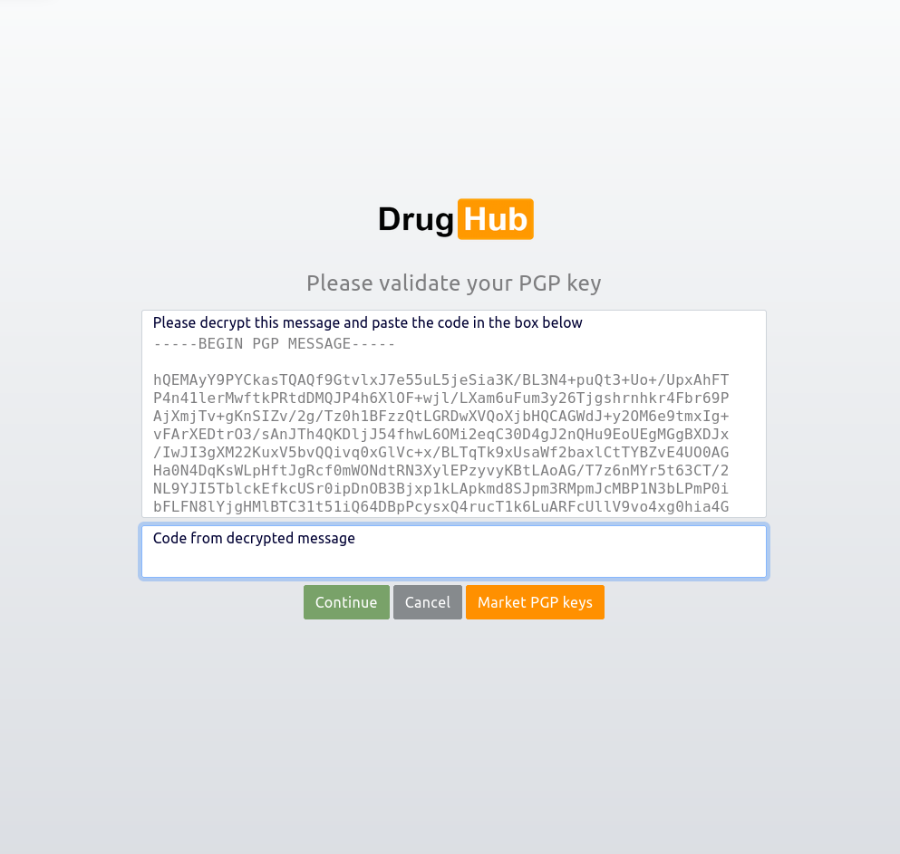 Drughub Market decrypt cryptographic challenge for darknet access